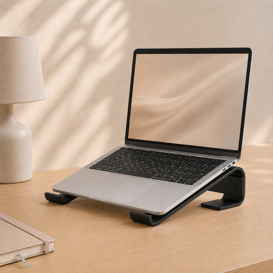 Black aluminium laptop stand holding a laptop in a calm home office