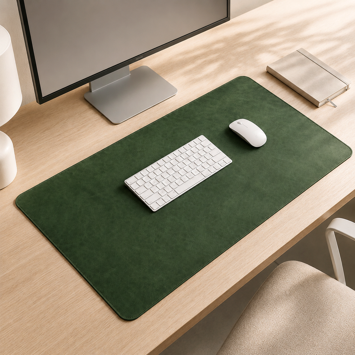 Opus Room green luxe desk mat with keyboard and mouse in a clean workspace