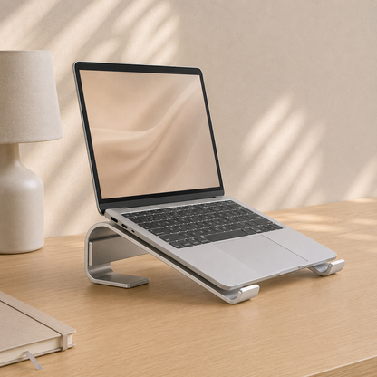 Silver aluminium laptop stand shown from a three-quarter angle