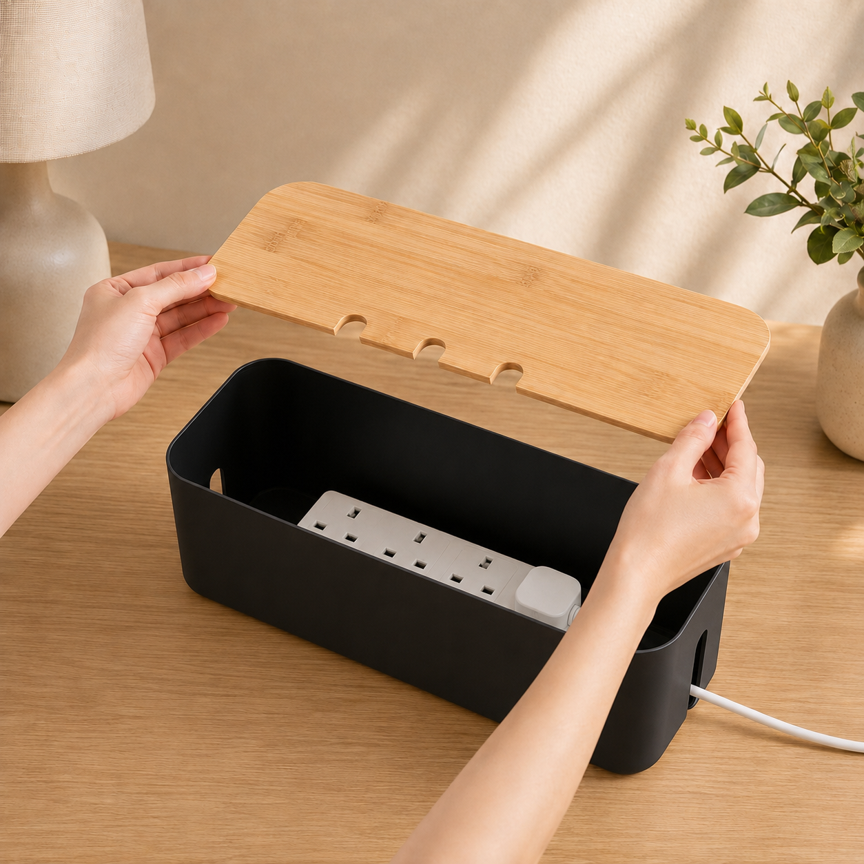 Black bamboo cable box open with a power strip inside