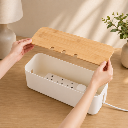 White bamboo cable box open with a power strip inside