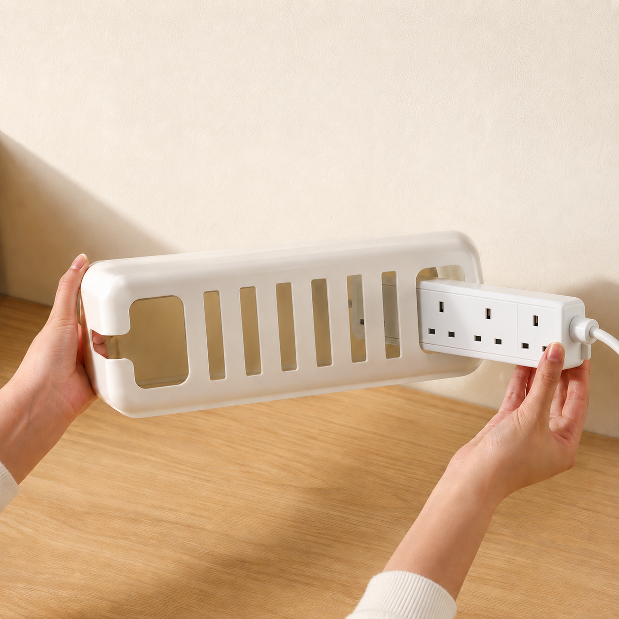 Ventilated underside of the white bamboo cable box