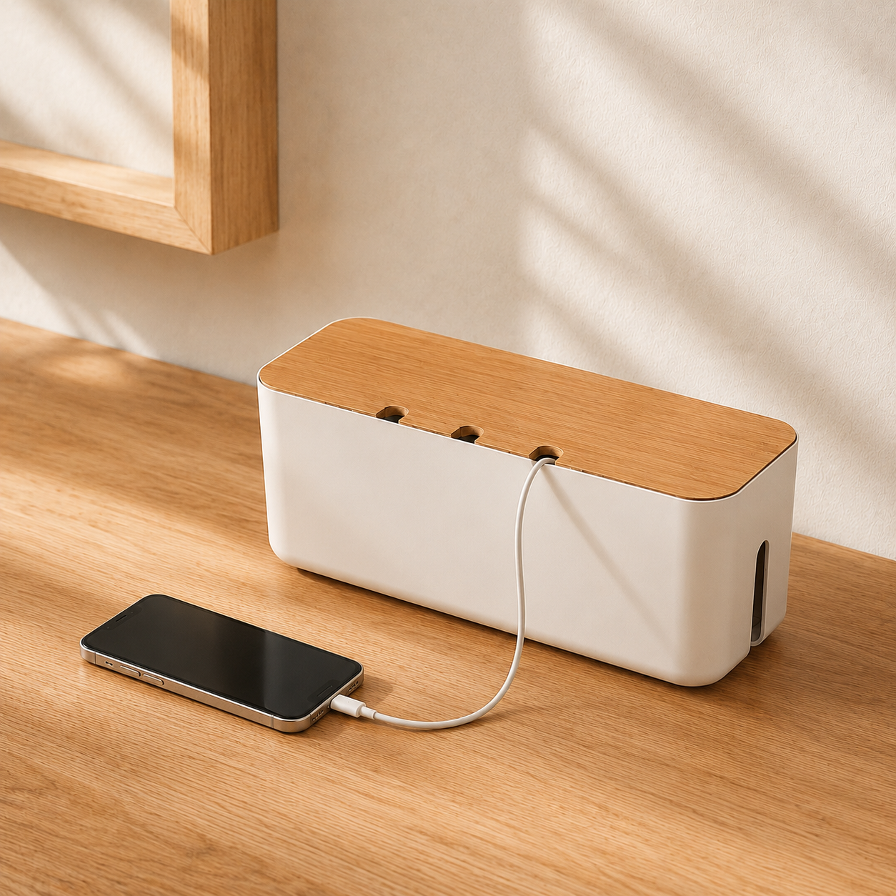 White bamboo cable box concealing cables while charging a phone