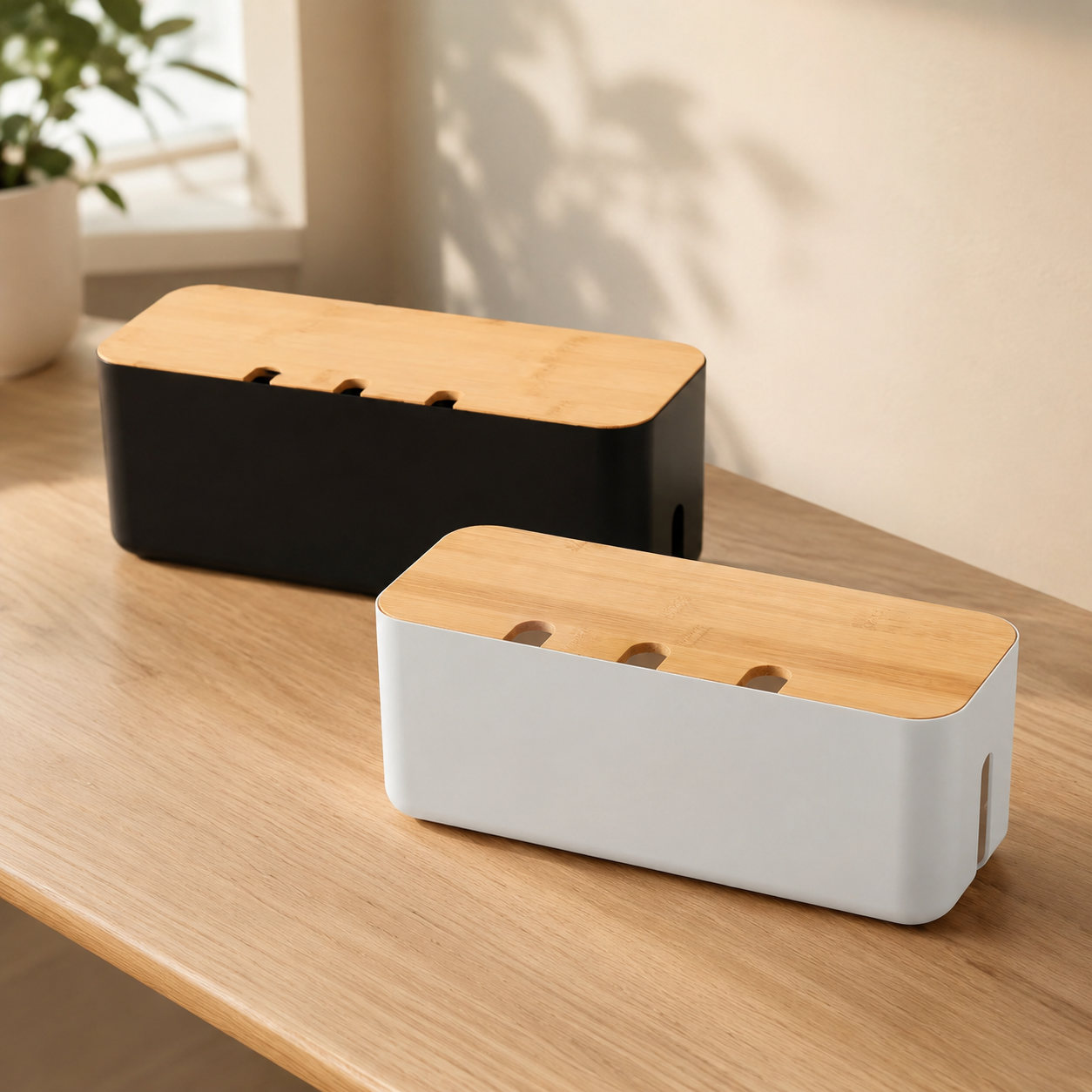 Black and white bamboo-lid cable management boxes