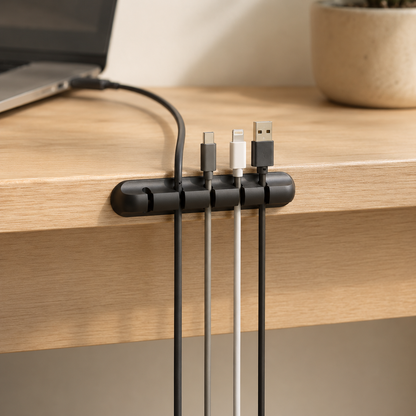 Black five-slot adhesive cable holder organising charging cables