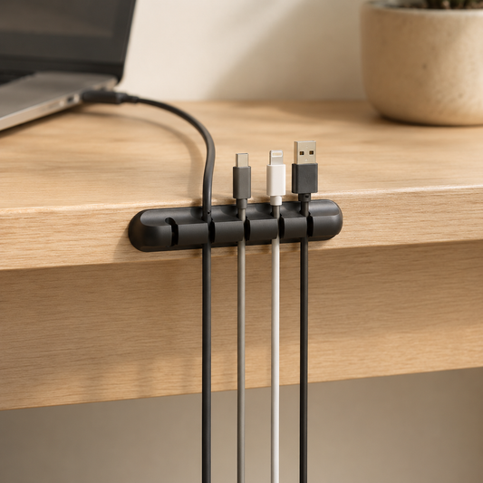 Black five-slot adhesive cable holder organising charging cables
