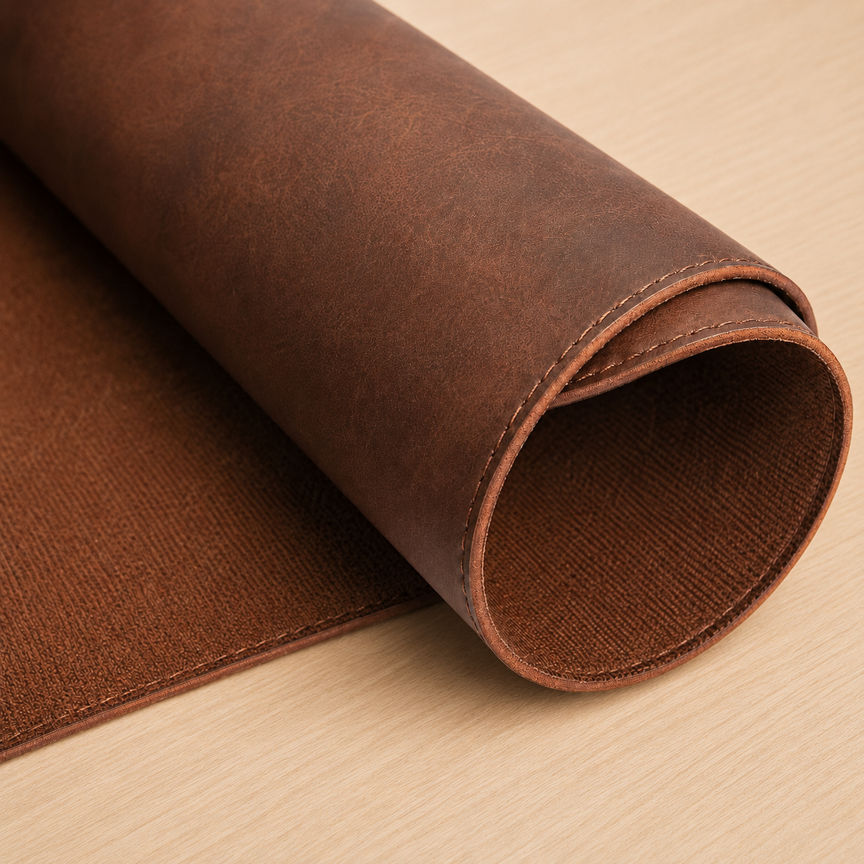 Close-up of the rolled brown Luxe XL desk mat