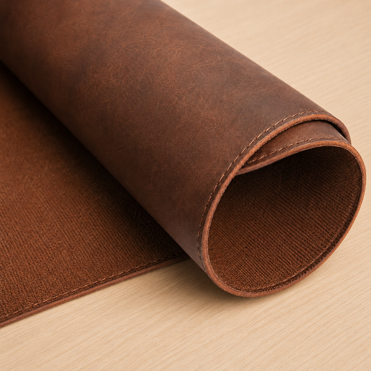 Close-up of the rolled brown Luxe XL desk mat