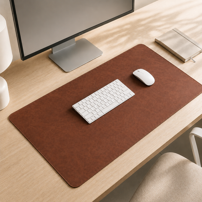 Brown Luxe XL desk mat in a warm home office setup