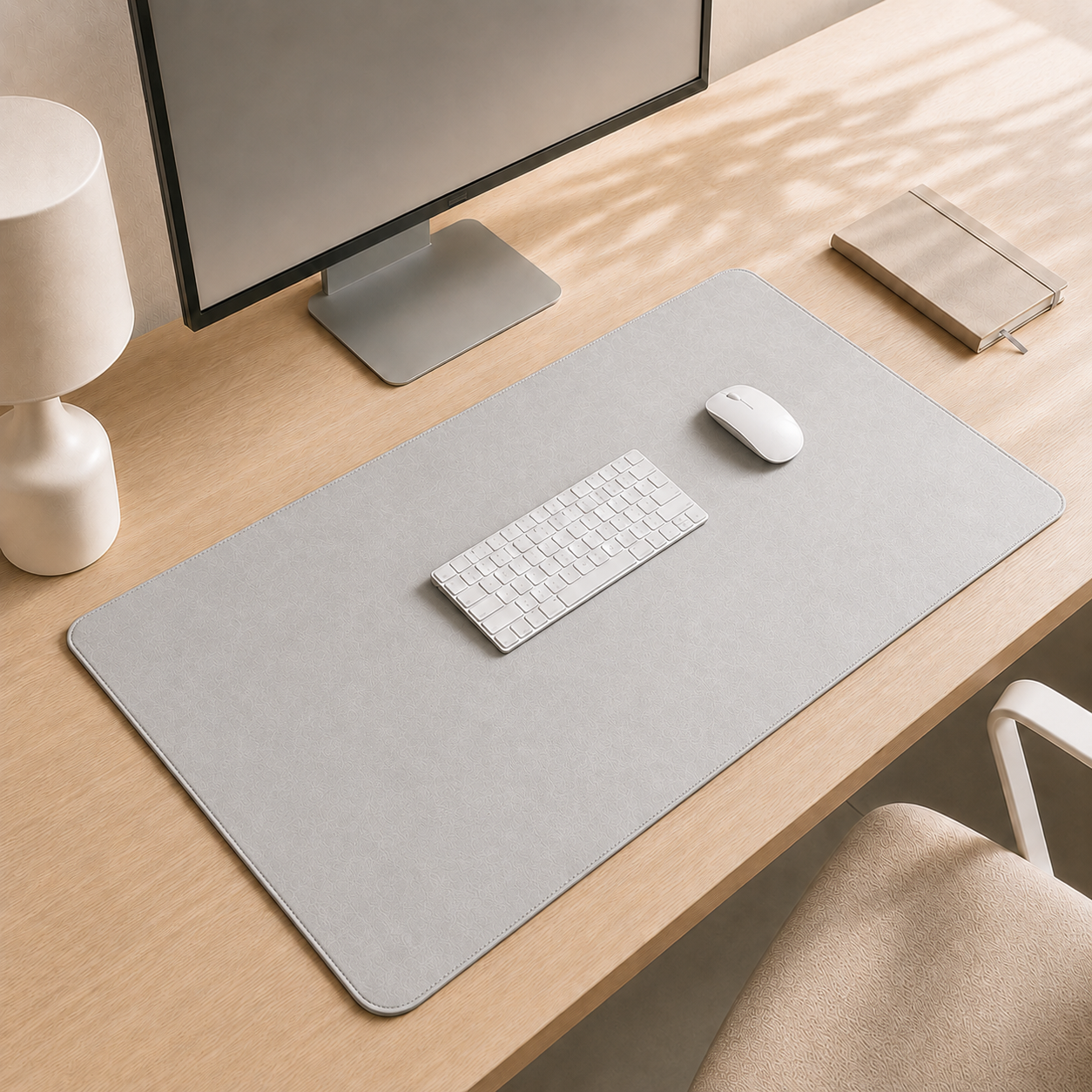 Light grey Luxe XL desk mat in a minimal workspace