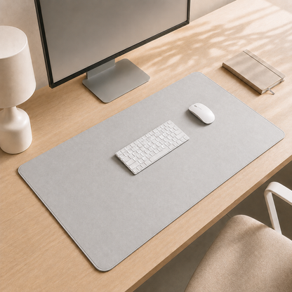 Light grey Luxe XL desk mat in a minimal workspace