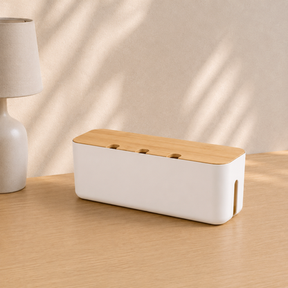 Opus Room bamboo cable box with three lid notches in a clean desk setup