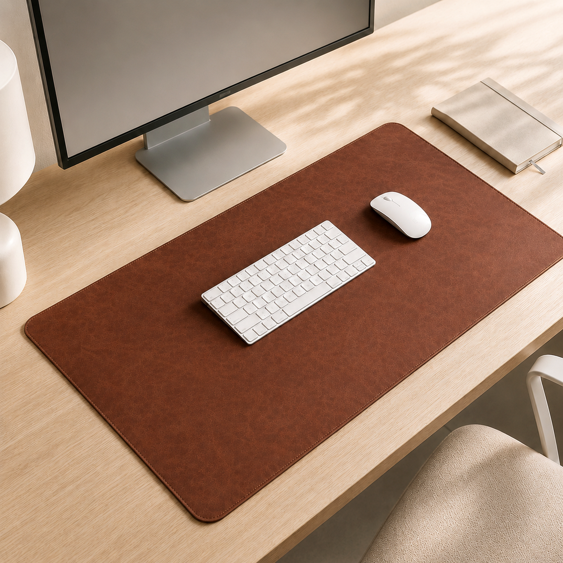 Opus Room brown luxe desk mat with keyboard and mouse on a light wood desk