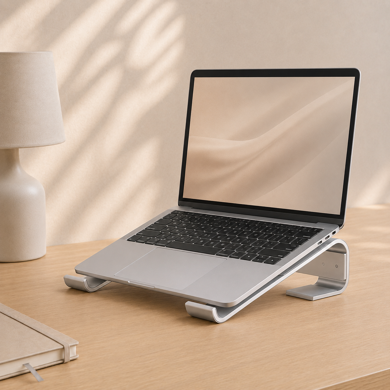 Silver aluminium laptop stand holding a laptop on a warm wood desk