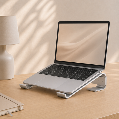 Silver aluminium laptop stand holding a laptop on a warm wood desk