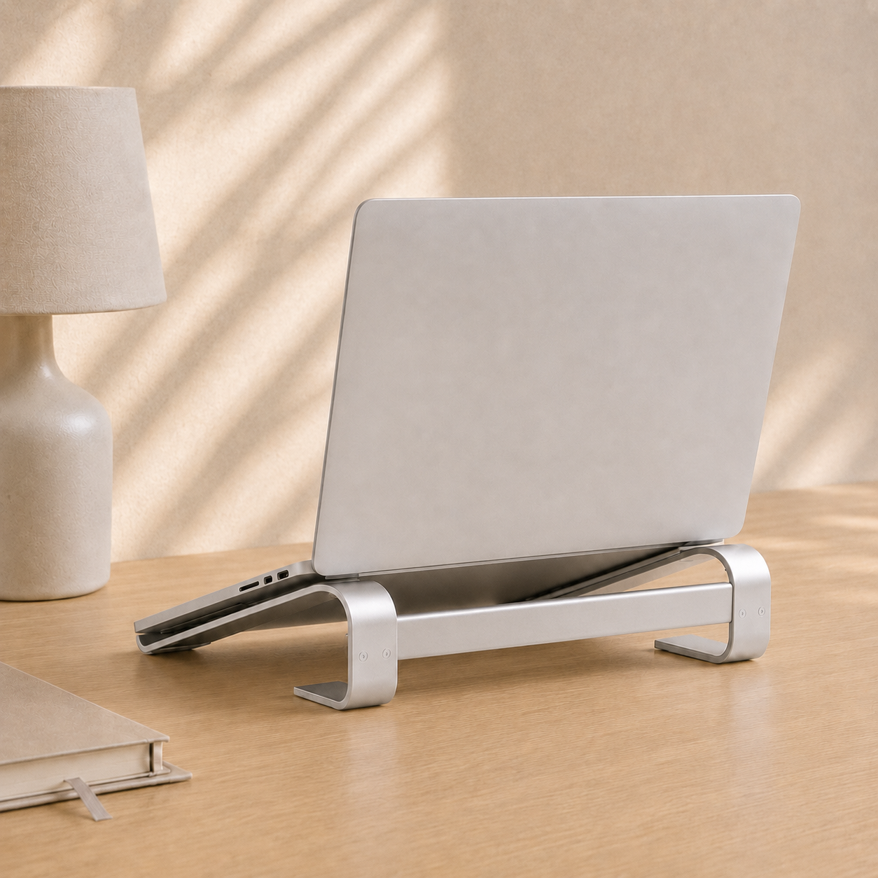 Silver aluminium laptop stand in a minimal desk setup