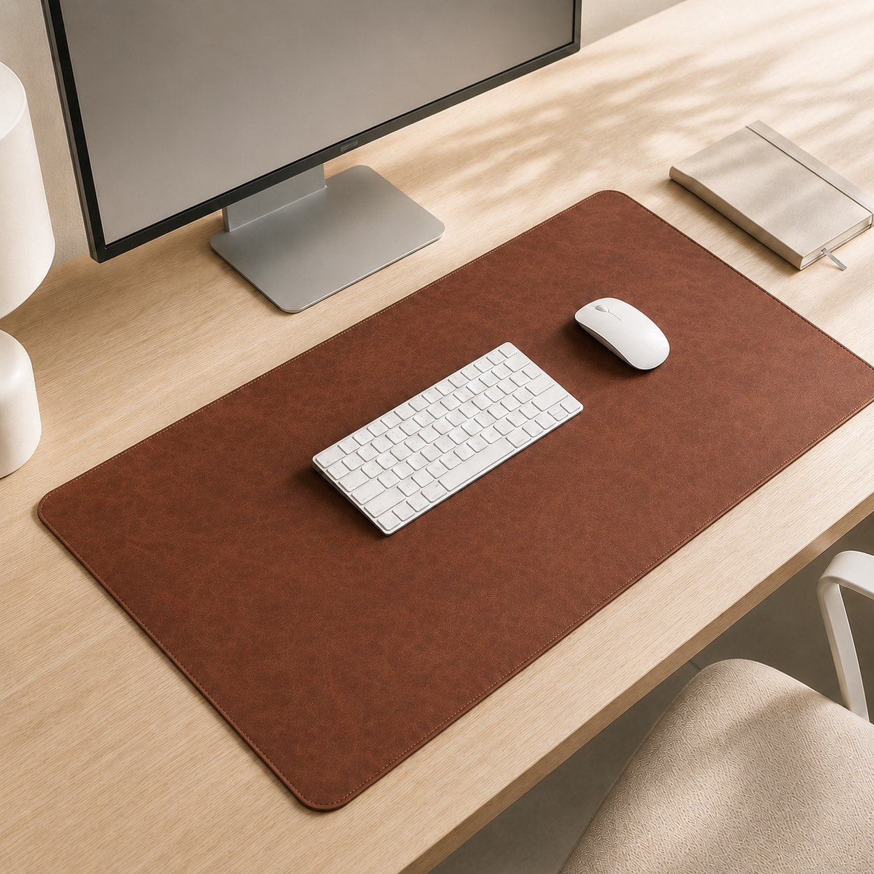Brown desk mat in a calm home workspace